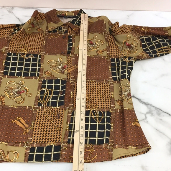 British Khaki Shirt Womens 10 Tan Brown Patchwork‎ Print Button Up Equestrian - Picture 11 of 13